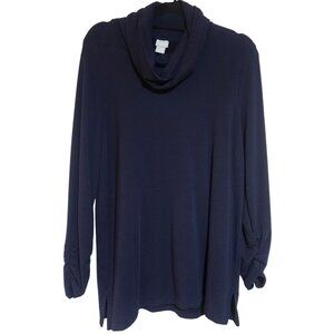 Chicos Navy Blue Cowl Neck Long Sleeve Top Ruched Sleeves Side Slits Size XL Lyo